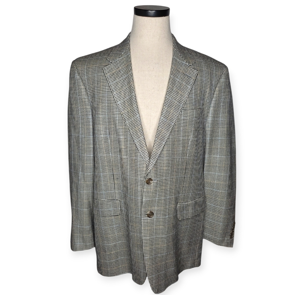 Chaps 100% Silk Blazer Men’s 44R Black Ivory Houndstooth Sport Coat